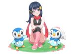  +_+ 1girl bangs black_hair black_legwear black_shirt blush boots closed_mouth commentary_request crossed_ankles dawn_(pokemon) ebiura_akane grass grey_eyes hair_ornament hairclip hatted_pokemon highres holding holding_poke_ball kneehighs long_hair pink_footwear piplup poke_ball poke_ball_(basic) pokemon pokemon_(creature) pokemon_(game) pokemon_dppt poketch red_scarf scarf shirt sitting sleeveless sleeveless_shirt smile watch wristwatch 
