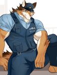  1boy absurdres animal_ears ao_(chung0u0) bara barrel_(live_a_hero) beige_fur brown_fur bulge dog_boy dog_ears dog_tail foot_out_of_frame furry furry_male hat highres live_a_hero looking_at_viewer male_focus muscular muscular_male orange_fur pectorals police police_hat police_uniform reward_available sitting solo spread_legs tail uniform 