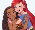  2girls ariel_(disney) arms_around_neck bare_arms bare_shoulders blouse blue_blouse blue_eyes brown_eyes brown_hair clothes_writing curly_hair dark-skinned_female dark_skin eyelashes fingernails hand_on_another&#039;s_arm hand_up hug light_blue_background light_blush lips long_hair looking_at_viewer midriff_peek moana_(movie) moana_waialiki multiple_girls off_shoulder open_mouth orange_tank_top pano_(mohayayamai) red_hair red_lips red_nails shade side-by-side simple_background smile spaghetti_strap starfish_hair_ornament tank_top teeth the_little_mermaid thick_eyebrows upper_body very_long_hair wreck-it_ralph yellow_nails 