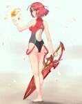  1girl agnus-dei bangs black_swimsuit competition_swimsuit covered_collarbone covered_navel gem headpiece highres one-piece_swimsuit pyra_(pro_swimmer)_(xenoblade) pyra_(xenoblade) red_eyes red_hair red_swimsuit ribbed_swimsuit short_hair strapless strapless_swimsuit swept_bangs swimsuit tiara two-tone_swimsuit xenoblade_chronicles_(series) xenoblade_chronicles_2 