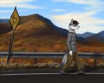 anthro autumn canid canine clothed clothing digital_media_(artwork) digital_painting_(artwork) foxy-boi-2397 hair hi_res hiking landscape_background male mammal mountain nature road solo 