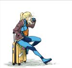  1girl bandage_on_face bandages bangs blonde_hair blue_bodysuit bodysuit breasts coffee_cup commentary cup disposable_cup drinking full_body hand_in_pocket henriiku_(ahemaru) holding holding_cup jacket knee_up long_hair long_sleeves luggage medium_breasts metroid ponytail samus_aran sitting skin_tight solo white_background zero_suit 