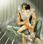  2boys black_hair blush boy green_hair lingerie male male_focus monkey_d_luffy multiple_boys one_piece roronoa_zoro sweat sweatdrop underwear yaoi zoro 