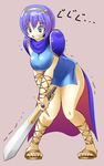  ankle_lace-up armor blue_eyes blue_hair breast_squeeze breasts cape clenched_teeth cross-laced_footwear curvy feet fire_emblem fire_emblem:_monshou_no_nazo genderswap genderswap_(mtf) hairband kara_age large_breasts leaning_forward marth sandals short_hair solo sword teeth toes trembling weapon 