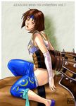  1boy 1girl astaroth_(soulcalibur) azasuke brown_eyes brown_hair chai_xianghua clothed_sex dark-skinned_male detached_sleeves girl_on_top headband highres panties panty_pull rape sex soul_calibur soulcalibur_i underwear vaginal xianghua 