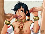  1girl 2boys azasuke censored double_handjob fellatio flat_chest handjob multiple_boys multiple_penises nipples oral penis soul_calibur soulcalibur_ii talim tongue topless 