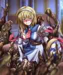 1girl armor blonde_hair blue_eyes blush breasts cassandra_alexandra clenched_teeth defeat elbow_gloves faith faith_(sbi) game_over gloves rape shield short_hair soul_calibur soulcalibur_ii sweat tears teeth tentacle tentacles_under_clothes thighhighs torn_clothes 