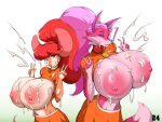  anthro big_breasts bodily_fluids breasts canid canine cum cum_on_breasts denisse duo exposed_breasts female fox genital_fluids gesture hair huge_breasts jludragoon mammal mouse murid murine pink_hair red_hair rodent tatiana_(crackiepipe) v_sign 