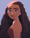  1girl bare_arms bare_shoulders brown_eyes brown_hair curly_hair dark-skinned_female dark_skin eyelashes facing_viewer furrowed_brow grey_background light_blush long_hair looking_afar moana_(movie) moana_waialiki pano_(mohayayamai) pursed_lips sidelighting simple_background solo strapless thick_eyebrows thick_lips tsurime upper_body very_long_hair 