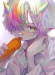  1boy bandaid bandaid_on_nose bangs carrot dress_shirt fang food hair_between_eyes hair_ornament hair_over_one_eye hairclip holding holding_carrot holding_food holding_vegetable horns hzk_(user_kemd2843) licking long_sleeves looking_at_viewer male_focus multicolored_eyes multicolored_hair orange_hair original pink_hair purple_hair red_hair shirt simple_background skin_fang solo sweat symbol-only_commentary tongue upper_body vegetable white_background white_hair white_shirt 