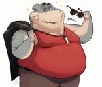  2021 anthro bearafterall belly bottomwear clothing dreamworks eyewear fish hi_res male marine mr._shark_(the_bad_guys) overweight overweight_male pants shark shirt simple_background solo sunglasses tattoo the_bad_guys topwear white_background 