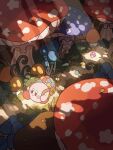  basket blush_stickers fern forest giant_mushroom harukui highres kirby kirby_(series) leaf mushroom nature path smile sunlight walking 