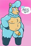  alpaca animal_crossing balls belly big_belly button_(disambiguation) camelid cyrus_(animal_crossing) dialogue genitals hi_res male mammal moobs nintendo nipples nude overbite overweight overweight_male penis pompadour sinribbons solo video_games 