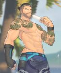  1boy abs bara beard black_eyes black_hair facial_hair gloves hanzo_(overwatch) highres holding hunterkay large_pectorals long_hair male_focus mature_male muscular muscular_male navel one_eye_closed overwatch pectorals ponytail solo tattoo 