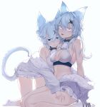  2girls :3 absurdres alchemy_stars all_fours animal_ears bangs bare_shoulders bikini blue_eyes breasts cat_ears cat_girl cat_tail center_opening closed_mouth fang frilled_shirt frills fur fur-trimmed_jacket fur_trim hair_between_eyes hair_ornament highres jacket long_hair looking_at_viewer medium_breasts multiple_girls navel open_clothes open_jacket open_mouth philyshy_(alchemy_stars) shirt short_hair shorts simple_background sitting smile stomach swimsuit tail white_background white_bikini white_hair white_jacket white_shorts x_hair_ornament yellow_eyes yowza yumi_(alchemy_stars) 