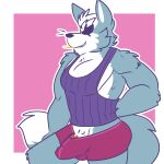  anthro bulge canid canine canis clothed clothing digital_media_(artwork) fizzyjay fur genitals grey_body hi_res male mammal muscular muscular_anthro muscular_male nintendo penis shirt simple_background smile solo star_fox tank_top topwear underwear video_games wolf wolf_o&#039;donnell 