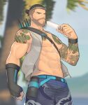  1boy abs bara beard black_eyes black_hair facial_hair gloves grey_vest hanzo_(overwatch) highres holding hunterkay large_pectorals long_hair male_focus mature_male muscular muscular_male navel one_eye_closed open_clothes open_vest overwatch pectorals ponytail quiver solo tattoo vest 