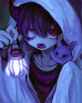  1boy animal animal_on_shoulder bangs bunny bunny_on_shoulder cloak ear_piercing english_commentary fangs hair_between_eyes hair_ornament hairclip halloween heterochromia holding holding_lantern hood hood_up hooded_cloak horns hzk_(user_kemd2843) jewelry lantern looking_at_viewer male_focus multicolored_hair open_mouth original piercing purple_hair red_eyes red_hair red_shirt shirt simple_background single_horn stitched_face stitches tongue tongue_out upper_body white_cloak white_eyes 
