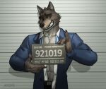  2021 5_fingers amon-sydonai anthro bottomwear canid canine canis clothing dreamworks fingers hi_res male mammal mr._wolf_(the_bad_guys) muscular muscular_anthro muscular_male pants police_lineup sign solo station suit teeth the_bad_guys wolf 