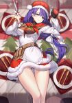  1girl apron ass_visible_through_thighs bangs black_mittens blue_eyes blurry blurry_background bow breasts brown_shirt closed_mouth commentary depth_of_field eyebrows_visible_through_hair fate/grand_order fate_(series) feet_out_of_frame fork frilled_apron frills fur-trimmed_skirt fur_trim hair_bow hands_up highres holding knife long_hair long_sleeves looking_at_viewer lying martha_(fate) martha_(santa)_(fate) medium_breasts mittens on_back panties plate puffy_long_sleeves puffy_sleeves purple_hair red_headwear red_skirt ririko_(zhuoyandesailaer) shirt single_mitten skirt smile solo underwear very_long_hair waist_apron white_apron white_bow white_panties 