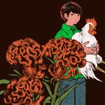  1boy absurdres bird black_background black_hair blue_pants chicken collared_shirt expressionless flower green_shirt highres leaf looking_at_viewer original pants plant red_flower rooster shirt short_hair simple_background solo tomidoron 