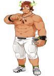  1boy american_football american_football_helmet animal_ears bara bare_pectorals brown_eyes brown_hair closed_mouth cow_boy cow_ears cow_horns dark-skinned_male dark_skin facepaint facial_hair feather_necklace fiery_horns full_body goatee helmet horns knee_pads kuro_nezumi_inu large_pectorals male_focus muscular muscular_male native_american nipples official_art pectorals pointing pointing_at_self shoes short_hair sneakers socks solo standing tachi-e thick_eyebrows tokyo_afterschool_summoners topless_male transparent_background wakan_tanka wristband 