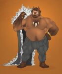 2017 5_fingers 5_toes anthro arm_hair armpit_hair balls_outline beard big_bulge big_muscles body_hair bottomwear broody brown_body brown_fur brown_hair bulge cape chest_hair clock clothed clothing eyebrows facial_hair feet fingers fur genital_outline hair hairy hand_on_hip happy_trail hi_res huge_bulge humanoid_feet humanoid_hands jewelry kazushi leg_hair looking_at_viewer male mammal musclegut muscular muscular_anthro muscular_male necklace nipples pants penis_outline pink_nipples pink_nose plantigrade red_eyes ring simple_background solo standing suid suina sus_(pig) thick_eyebrows tight_clothing toes topless tusks watch wild_boar wristwatch 