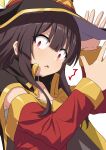  1girl bangs black_choker black_headwear brown_cape brown_hair cape choker commentary_request dress eyebrows_visible_through_hair hair_between_eyes hands_up hat kono_subarashii_sekai_ni_shukufuku_wo! long_hair long_sleeves looking_to_the_side megumin off-shoulder_dress off_shoulder parted_lips partial_commentary red_dress red_eyes sidelocks simple_background solo surprised umarutsufuri upper_body white_background witch_hat 