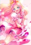  1girl agura_dou blonde_hair blue_eyes bow cure_flora earrings gloves go!_princess_precure haruno_haruka highres jewelry long_hair magical_girl multicolored_hair open_mouth pink_bow pink_hair precure skirt smile solo two-tone_hair waist_bow 