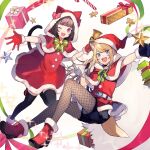  2girls :d ;d animal_ears animal_hood ankle_boots bangs bell belt black_gloves black_legwear blonde_hair blue_eyes blunt_bangs bob_cut boots bow brown_hair capelet cat_hood cat_tail christmas coat commentary_request dog_ears dog_tail dress eyebrows_visible_through_hair fang fingerless_gloves fishnet_legwear fishnets floating fur-trimmed_capelet fur-trimmed_dress fur-trimmed_footwear fur_trim gift gingerbread_man gloves green_bow green_ribbon hat high_heel_boots high_heels highres holding holding_bell holding_sack hood hood_down hooded_capelet kmnz leg_up legwear_under_shorts long_hair looking_at_viewer mc_lita mc_liz multiple_girls one_eye_closed open_mouth over_shoulder pantyhose purple_eyes reaching_out red_capelet red_coat red_dress red_footwear red_gloves red_headwear red_ribbon ribbon sack santa_costume santa_dress santa_gloves santa_hat short_dress short_hair shorts shugao smile sparkle star_(symbol) tail thighhighs white_belt 