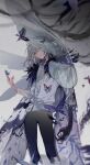  1boy bangs blue_eyes bug butterfly cape crown fate/grand_order fate_(series) grey_hair highres insect_wings long_hair looking_at_viewer male_focus oberon_(fate) shirt smile solo spoilers suou white_shirt wings 