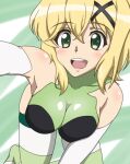  1girl a_k_g_e_0325 absurdres akatsuki_kirika all_fours blonde_hair blush breasts cleavage elbow_gloves gloves green_eyes green_leotard hair_ornament highres leotard looking_at_viewer medium_breasts open_mouth outstretched_arm senki_zesshou_symphogear shiny shiny_clothes shiny_hair shiny_skin short_hair smile solo striped striped_legwear x_hair_ornament 