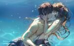  1boy 1girl bai_qi_(love_and_producer) bangs brown_eyes brown_hair gills highres kiss long_hair looking_at_another love_and_producer mermaid merman monster_boy monster_girl protagonist_(love_and_producer) rabbitcamilla short_hair underwater 