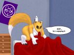  anthro bandai_namco bed bedroom canid canine digimon digimon_(species) duo facesitting female fox furniture hi_res male male/female mammal mike_santos renamon speech_bubble 