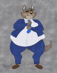  2021 absurd_res anthro basicbiscuit belly belt big_belly bottomwear brown_body brown_fur canid canine canis clothing dreamworks dress_shirt fangs footwear fur hi_res jewelry male mammal mr._wolf_(the_bad_guys) necklace orange_sclera overweight pants shirt shoes solo suit the_bad_guys tight_clothing topwear wolf 