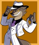  2021 anthro bottomwear canid canine canis clothing dreamworks facial_hair fedora gem hat headgear headwear jewelry lidded_eyes male mammal mr._wolf_(the_bad_guys) mustache necklace necktie ninjahaku21 pants pearl_(gem) pearl_necklace smile solo suit teeth the_bad_guys white_clothing wolf 
