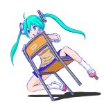  1girl aqua_eyes aqua_hair blue_outline cardigan_vest chair commentary gapinelu hair_ornament hatsune_miku light_blush long_hair miniskirt open_mouth outline shirt sitting sitting_backwards skirt socks solo twintails very_long_hair vocaloid white_background white_shirt 