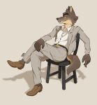  2021 5_fingers anthro bottomwear canid canine canis carameltiiiger clothing crossed_legs dreamworks fingers footwear hi_res lidded_eyes male mammal mr._wolf_(the_bad_guys) pants plantigrade shadow shoes simple_background solo suit teeth the_bad_guys wolf 