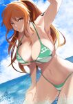  1girl arm_up armpits bangs bikini blue_sky breasts brown_eyes cleavage closed_mouth earrings green_bikini hand_on_own_thigh high_ponytail highres jewelry kawabata_yoshihiro large_breasts long_hair nami_(one_piece) navel ocean one_piece orange_hair outdoors partially_submerged sky swimsuit underboob water 
