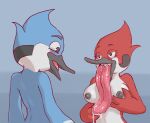  anthro anthro_on_anthro areola avian bird black_areola blue_body blue_fur blue_jay blush blush_lines bodily_fluids breast_grab breasts cartoon_network corvid duo female fur fur_markings hand_on_breast hi_res holding_breast jay_(bird) long_tongue male male/female margaret_smith_(regular_show) markings mordecai_(regular_show) multicolored_body multicolored_fur new_world_jay oscine passerine presenting presenting_breasts red_body red_fur regular_show robin_(bird) saliva tongue tongue_out two_tone_body two_tone_fur ungulatr 