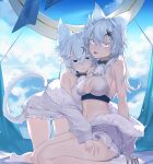  2girls :3 absurdres alchemy_stars all_fours animal_ears bangs bare_shoulders bikini blue_eyes breasts cat_ears cat_girl cat_tail center_opening closed_mouth cloud fang frilled_shirt frills fur fur-trimmed_jacket fur_trim hair_between_eyes hair_ornament highres jacket long_hair looking_at_viewer medium_breasts multiple_girls navel open_clothes open_jacket open_mouth philyshy_(alchemy_stars) shirt short_hair shorts sitting smile stomach swimsuit tail white_bikini white_hair white_jacket white_shorts x_hair_ornament yellow_eyes yowza yumi_(alchemy_stars) 