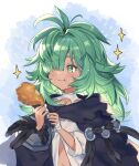  1girl bandages chicken_leg cloak eating food food_on_face granblue_fantasy green_eyes green_hair hair_over_one_eye highres kolulu_(granblue_fantasy) long_hair shiromimin sparkling_eyes 