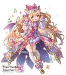  1girl :d animal_ear_fluff animal_ears bangs between_legs blonde_hair blush bow brave_sword_x_blaze_soul brown_flower cat_ears cat_girl cat_tail character_request commentary_request dress eyebrows_visible_through_hair fang flower full_body hands_up long_hair long_sleeves looking_at_viewer official_art pink_bow pink_flower puffy_long_sleeves puffy_sleeves purple_eyes ribbed_legwear shoes simple_background sleeves_past_wrists smile solo tail tail_between_legs thighhighs very_long_hair white_background white_dress white_flower white_footwear white_legwear yeonwa 