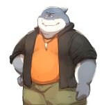  2021 aftershaaa anthro biped bottomwear clothing cute_fangs dreamworks fish hi_res humanoid_hands male marine mr._shark_(the_bad_guys) overweight overweight_male shark shirt shorts simple_background solo the_bad_guys topwear white_background 