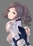  1girl armor back_turned bangs closed_mouth cynthia_(fire_emblem) fire_emblem fire_emblem_awakening grey_background grey_eyes grey_hair highres looking_at_viewer medium_hair solo upper_body zuzu_(ywpd8853) 