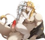  anthro balls blush breasts duo erection felid female genitals hi_res lion male male/female mammal mostly_nude muscular muscular_anthro muscular_male nipples nude pantherine pecs penis scar size_difference tach8 