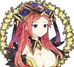  1girl bangs braid breasts cleavage detached_collar earrings fire_emblem fire_emblem_heroes hat jewelry large_breasts loki_(fire_emblem) long_hair purple_eyes purple_hair shira_yu_ki solo upper_body 