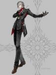  1boy antonio_salieri_(fate) black_gloves fate/grand_order fate_(series) formal gloves grey_hair highres holding koshika_rina long_hair long_sleeves looking_at_viewer male_focus pinstripe_pattern pinstripe_suit red_eyes silver_hair smile solo striped suit 