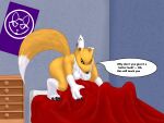  bandai_namco bed bedroom canid canine digimon digimon_(species) duo facesitting female fox furniture hi_res male male/female mammal mike_santos renamon speech_bubble 