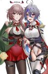  2girls absurdres azur_lane brown_hair bukowiski cape commentary commentary_request cross_hair_ornament duca_degli_abruzzi_(azur_lane) fang foch_(azur_lane) gradient_hair grey_hair hair_between_eyes hair_ornament halo heart_hands_failure highres holster knife_holster leotard looking_at_viewer manjuu_(azur_lane) mechanical_arms multicolored_hair multiple_girls pantyhose pink_eyes purple_hair red_eyes single_mechanical_arm skirt smile thigh_holster thigh_strap thighhighs 